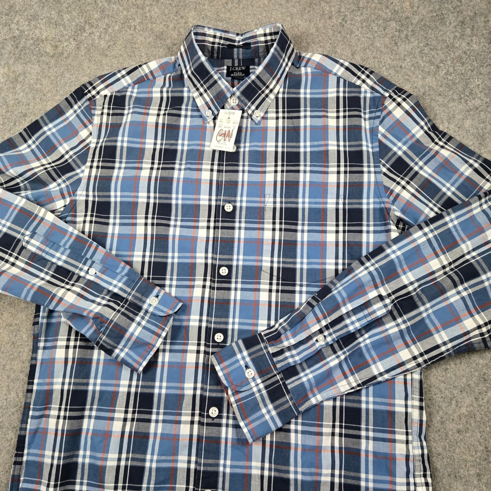 NWT J.Crew Flex Washed Shirt Mens Medium Blue Plaid Slim Fit Button Down New